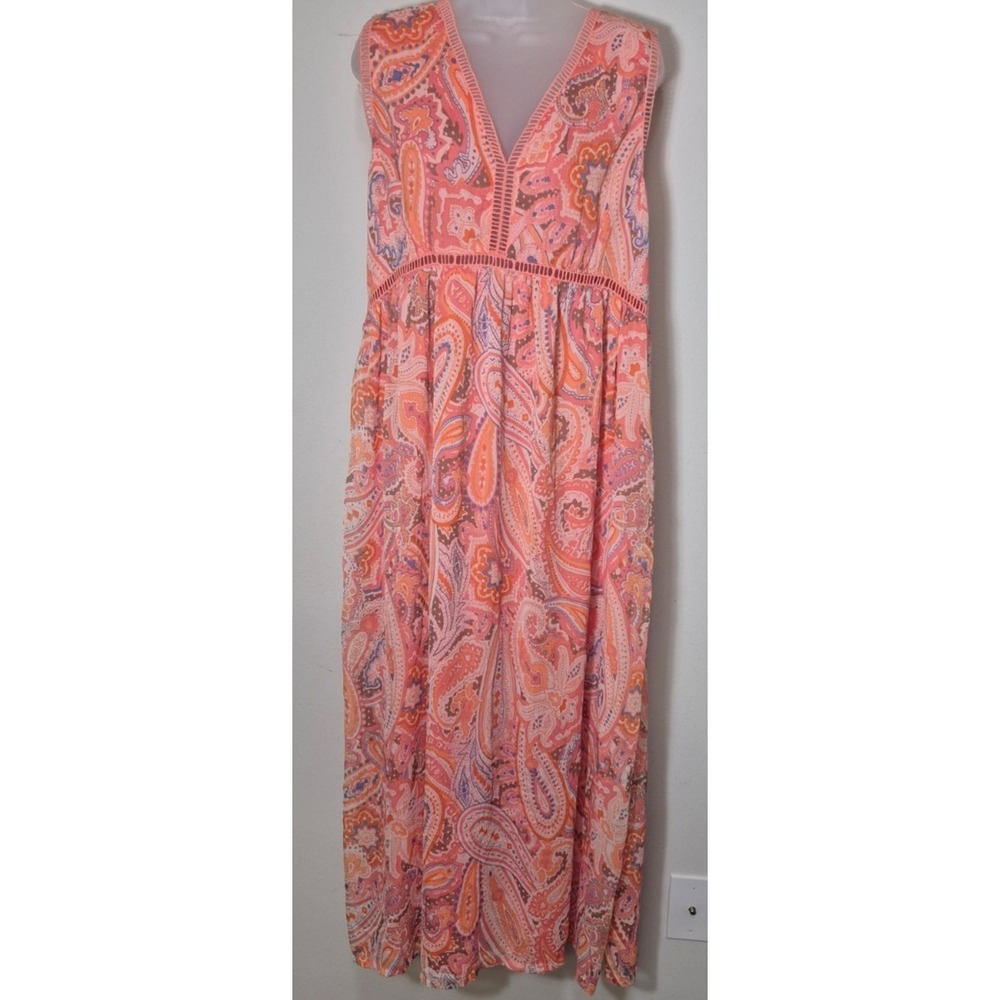 NWOT Charlie Paige pink maxi dress XL paisley boho v-neck sleeveless lace trim